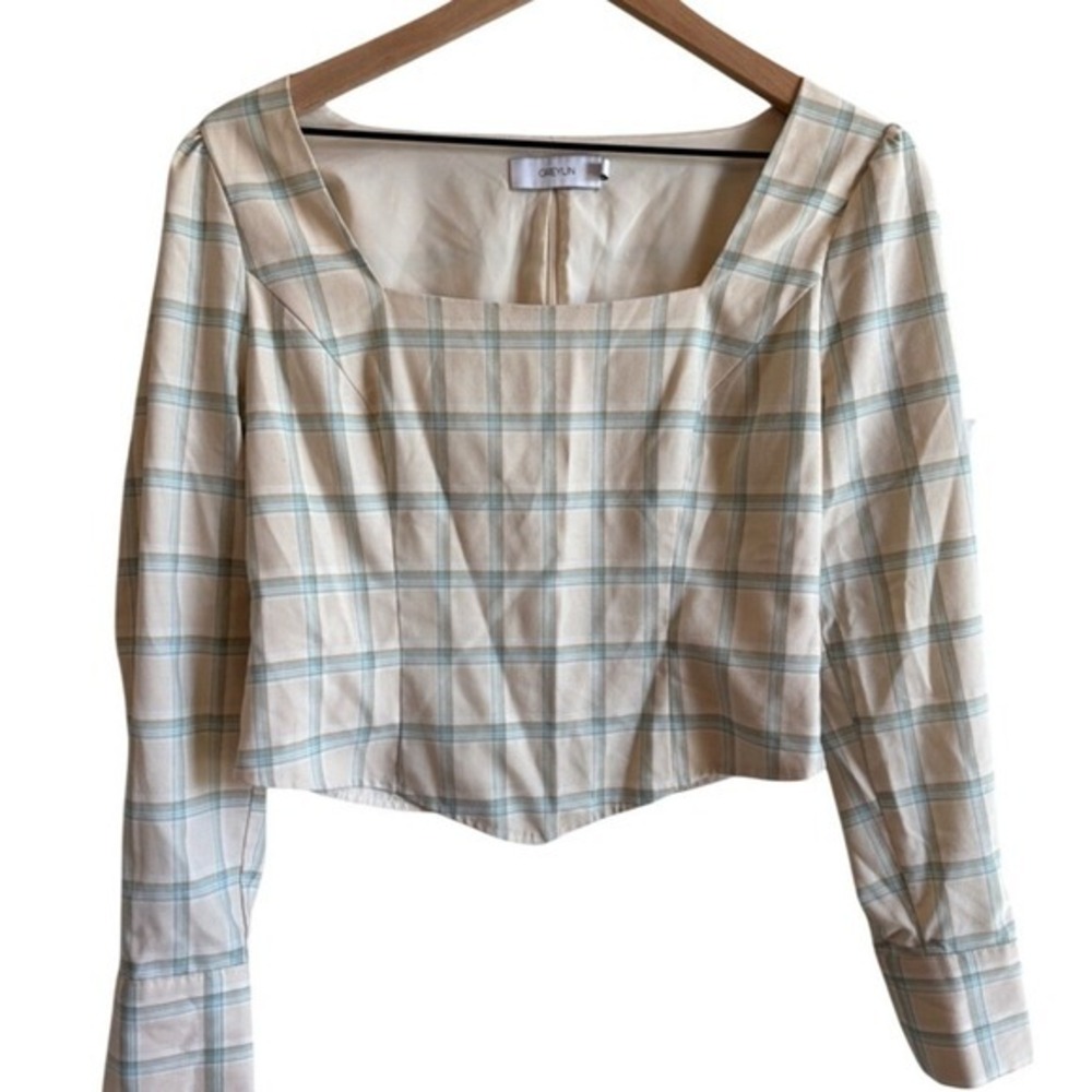 Greylin Cream Mint Plaid Square-Neck Crop Blouse Top M Light Academia Office - Picture 2 of 8